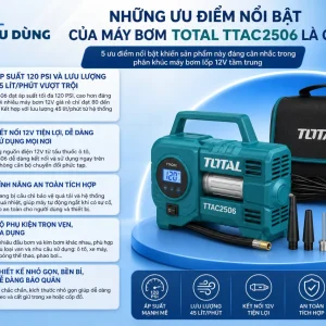 Máy bơm Total TTAC2506: 12V, bơm lốp ô tô, 120PSI