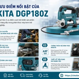 Máy bơm Makita DGP180Z: Dùng pin, 18V bơm mỡ, 10.000 PSI