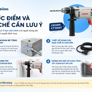 Máy Khoan Crown CT10067: 810W, Khoan Gỗ 40mm, Bê Tông 16mm