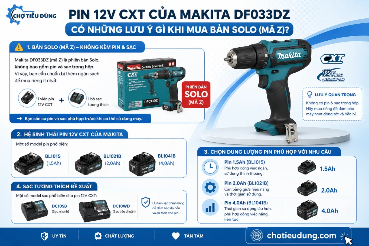 Pin 12V CXT của Makita DF033DZ có những lưu ý gì khi mua bản Solo (mã Z)?