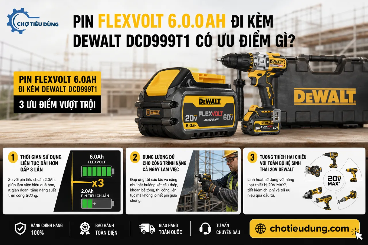 Pin Flexvolt 6.0Ah Đi Kèm Dewalt DCD999T1 Có Ưu Điểm Gì?