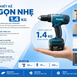 Máy khoan Makita DHP343SYE: 14.4V, lực siết 36Nm