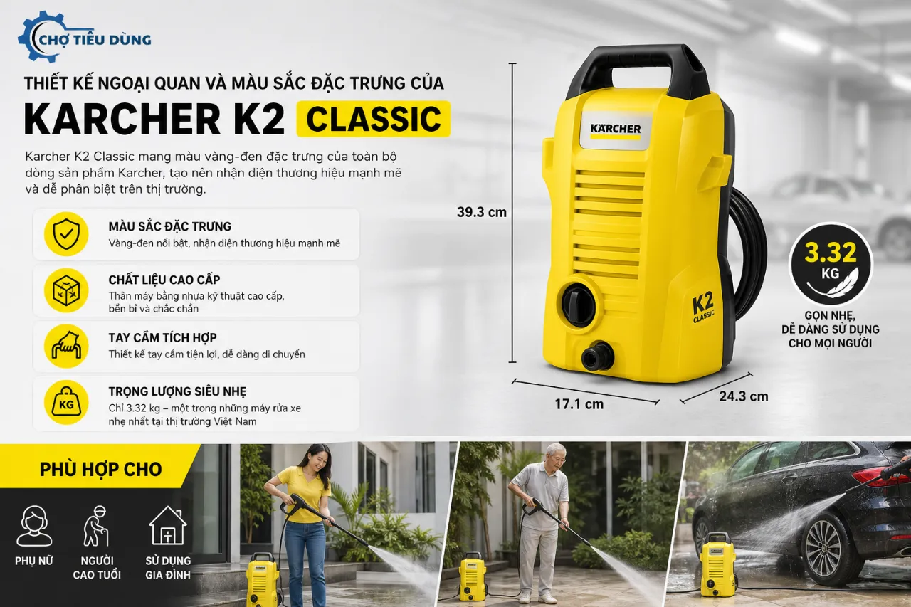 Thiết kế ngoại quan và màu sắc đặc trưng của Karcher K2 Classic
