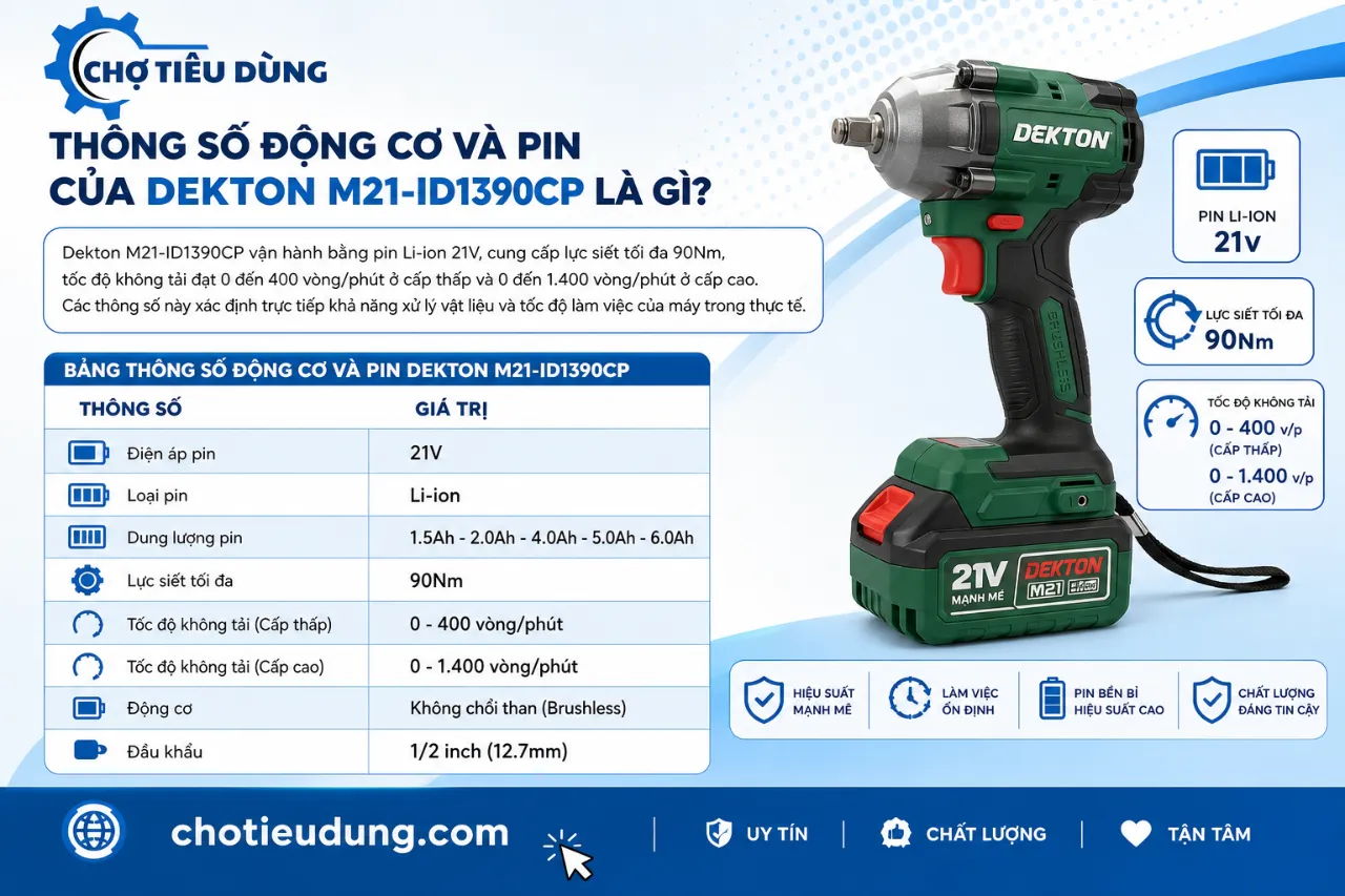 Thông Số Động Cơ Và Pin Của Dekton M21-ID1390CP Là Gì?