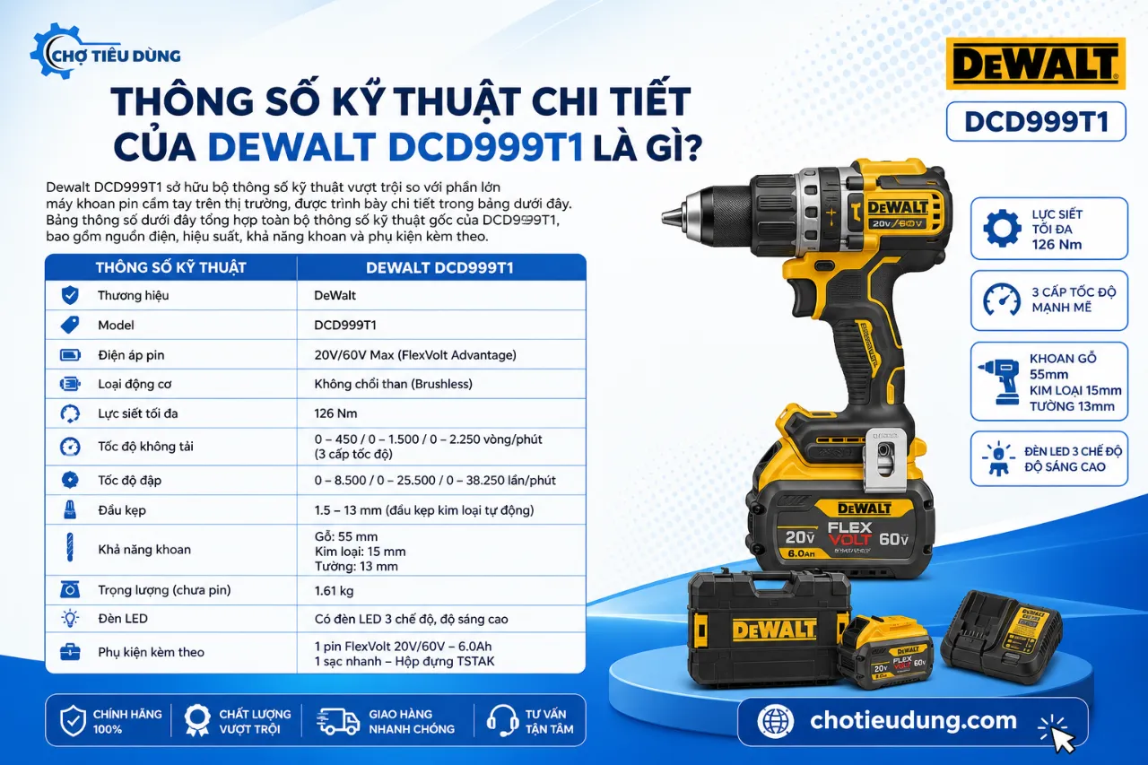 Thông Số Kỹ Thuật Chi Tiết Của Dewalt DCD999T1 Là Gì?