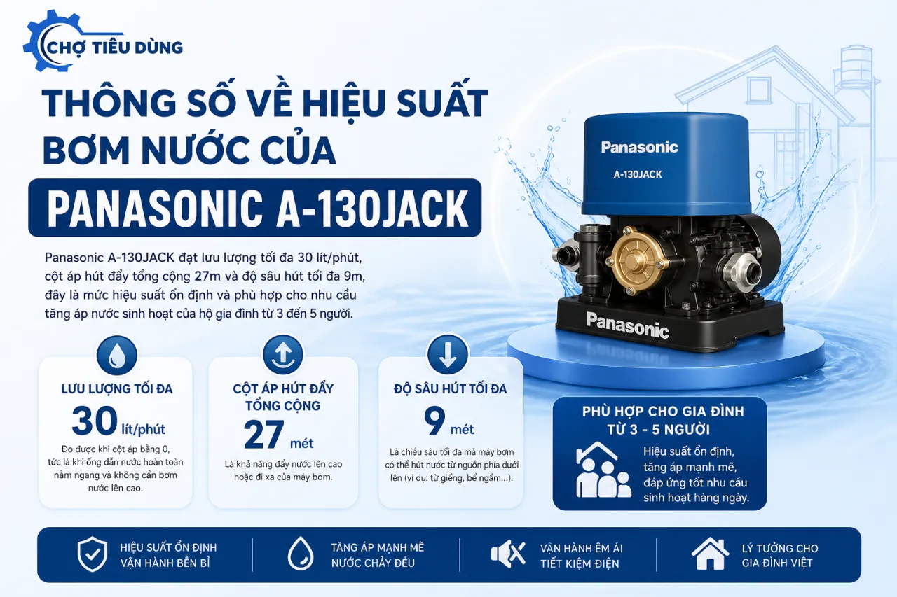 Thông Số Về Hiệu Suất Bơm Nước Của Panasonic A-130JACK Là Bao Nhiêu?