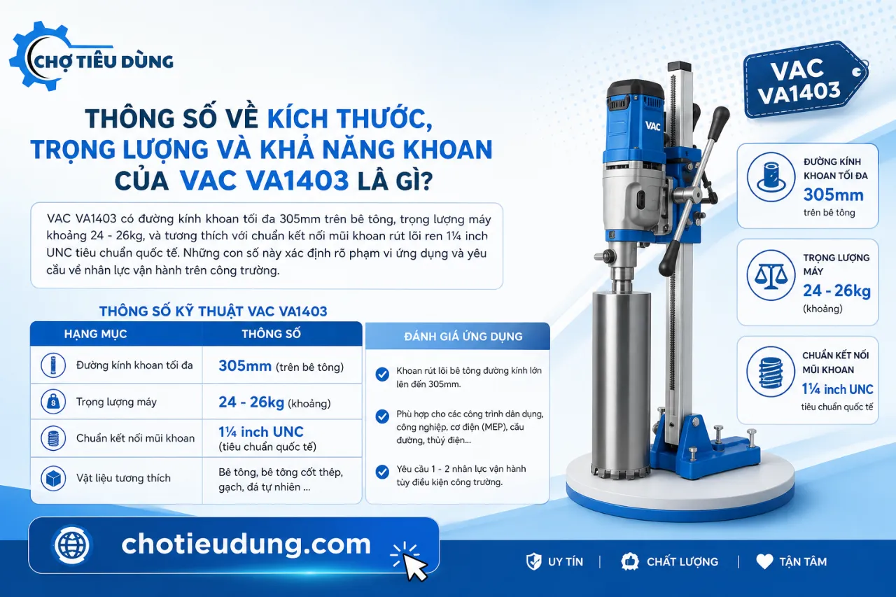 Thông Số Về Kích Thước, Trọng Lượng Và Khả Năng Khoan Của VAC VA1403 Là Gì?