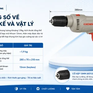 Máy Khoan Crown CT10067: 810W, Khoan Gỗ 40mm, Bê Tông 16mm