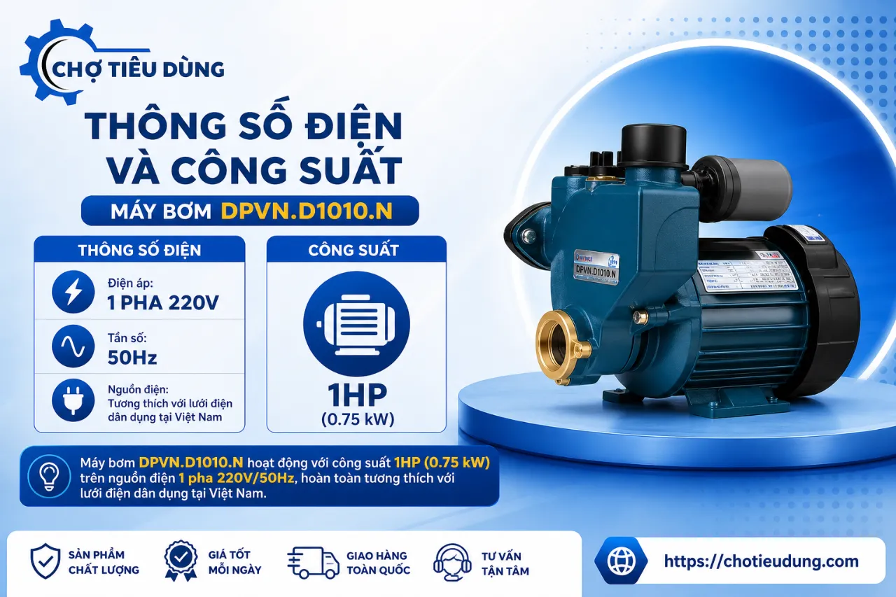 Thông số điện và công suất của máy bơm DPVN.D1010.N là bao nhiêu?