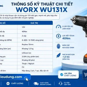 Máy khoan Worx WU131X: 12V, lực siết 40Nm, có búa
