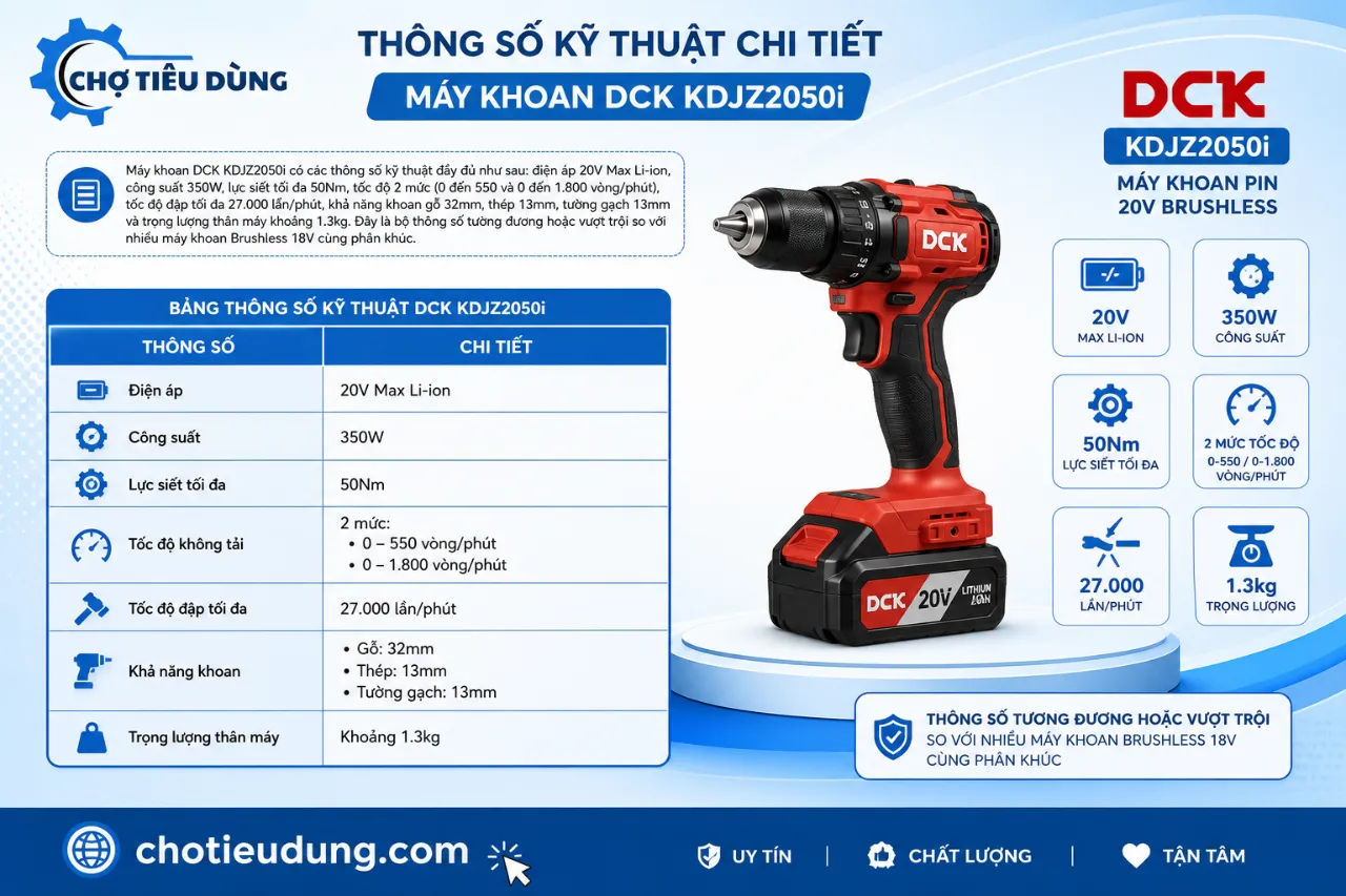 Thông số kỹ thuật chi tiết của máy khoan DCK KDJZ2050i là gì?