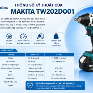 Máy siết bu lông Makita TW202D001: Dùng pin 18V, lực siết 200Nm