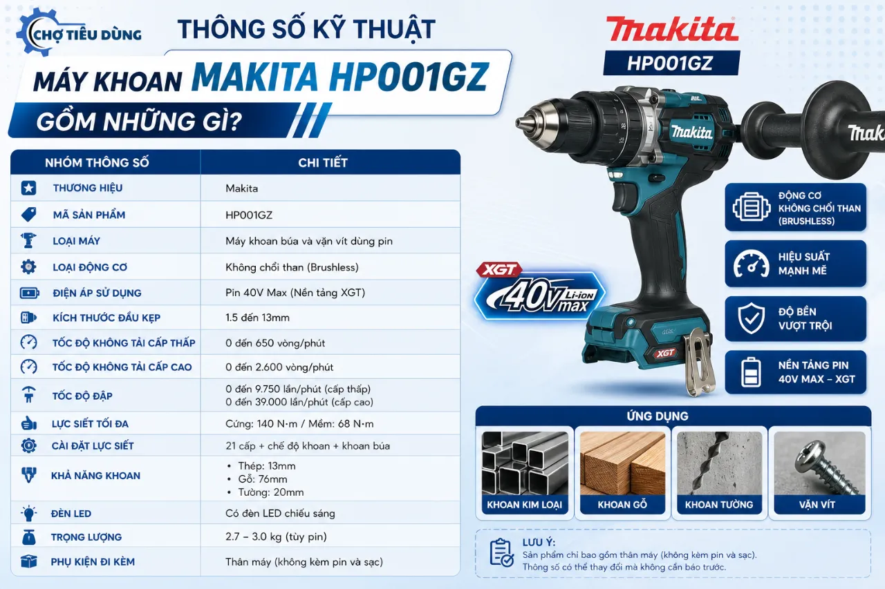 Thông số kỹ thuật máy khoan Makita HP001GZ gồm những gì?