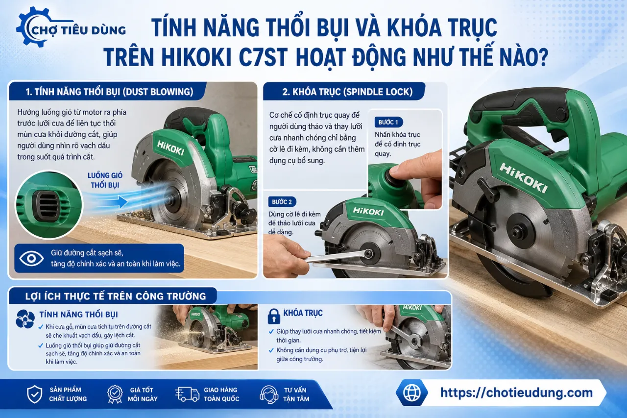 Tính Năng Thổi Bụi Và Khóa Trục Trên Hikoki C7ST Hoạt Động Như Thế Nào?