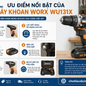 Máy khoan Worx WU131X: 12V, lực siết 40Nm, có búa