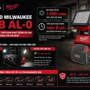 Đèn LED Milwaukee M18 AL-0 có độ sáng và thời gian hoạt động ra sao khi dùng với pin M18