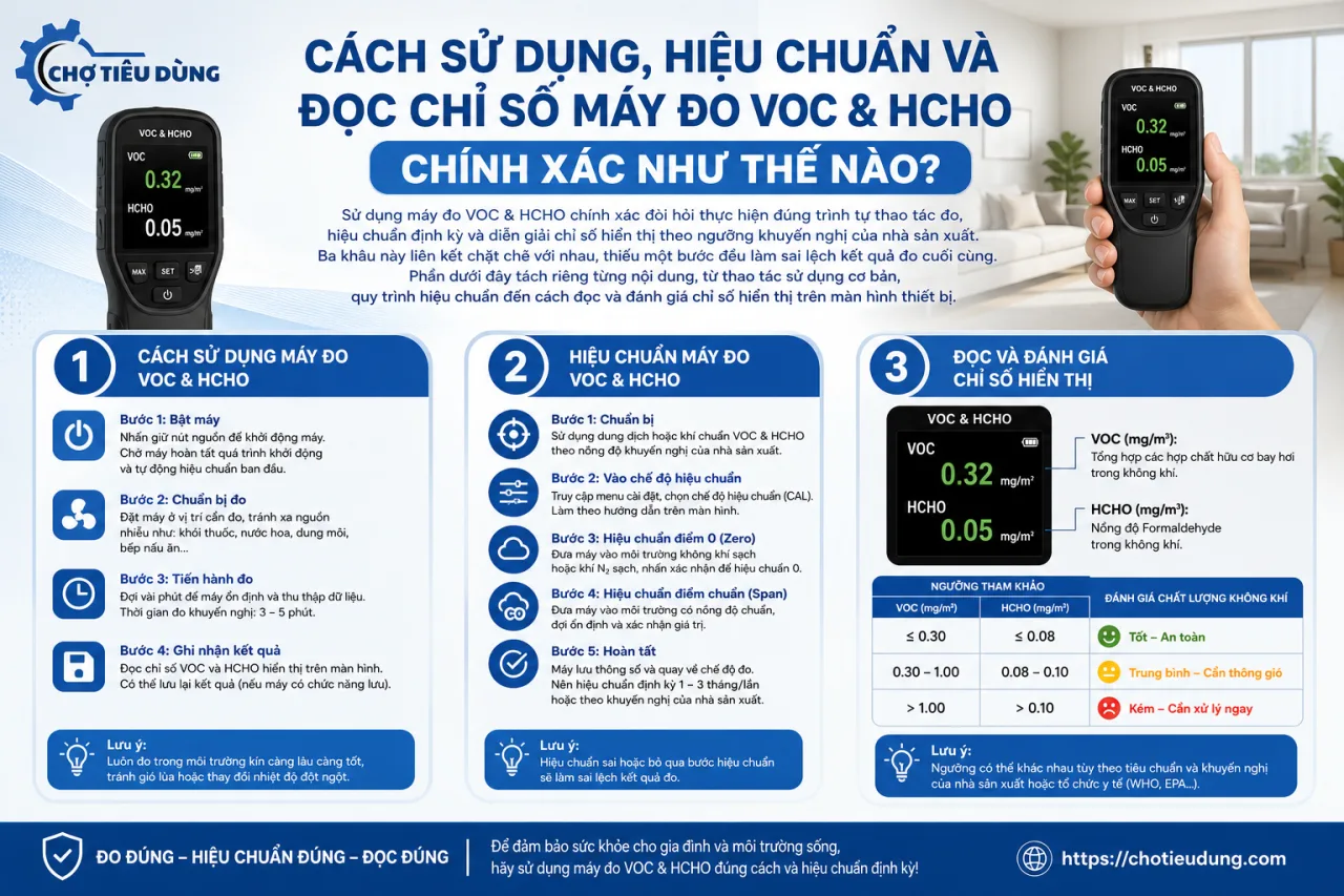 sử dụng, hiệu chuẩn và đọc chỉ số máy đo VOC & HCHO chính xác