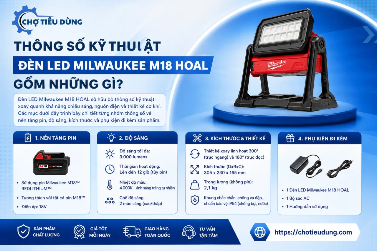 Thông số kỹ thuật Đèn LED Milwaukee M18 HOAL gồm những gì Thông số kỹ thuật Đèn LED Milwaukee M18 HOAL gồm những gì