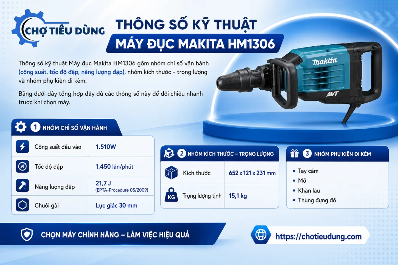 Thông số kỹ thuật Máy đục Makita HM1306 gồm những gì Thông số kỹ thuật Máy đục Makita HM1306 gồm những gì